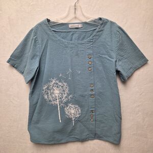 Misslook Womens Short Sleeves Dandelions Size XL Blue Graphic Print Side Buttons